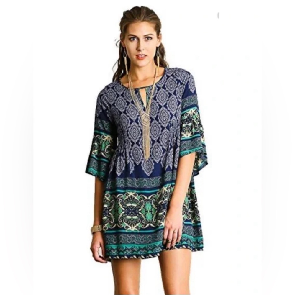 Anthropologie Umgee Boho Paisley Babydoll 3/4 Sleeve Pullover Dress Blue Large